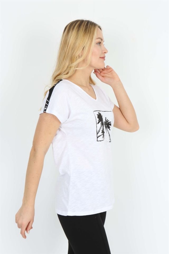 Beyaz Baskılı Kısa Kollu Palmiye T-shirt L