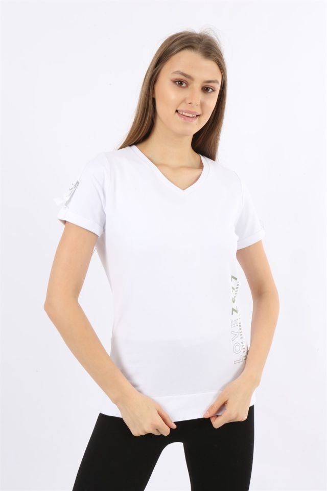 Baskılı Kısa Kollu V Yaka T-shirt XL - Beyaz