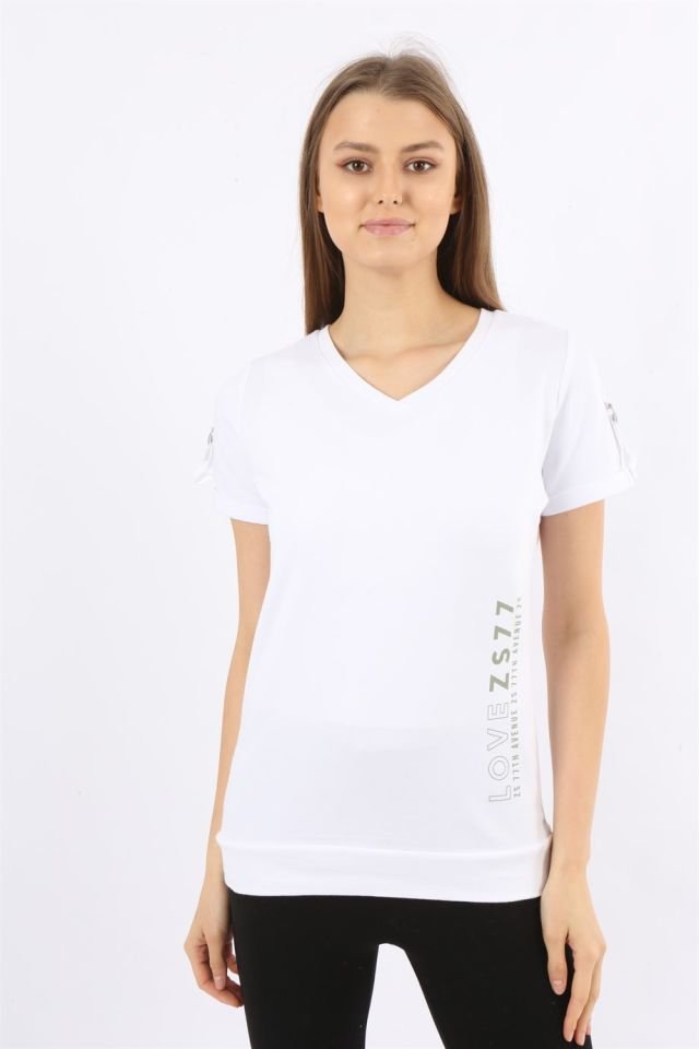 Baskılı Kısa Kollu V Yaka T-shirt XL - Beyaz