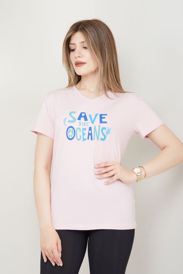 Kadın Save the Oceans Baskılı V Yaka T-shirt XL - Pembe