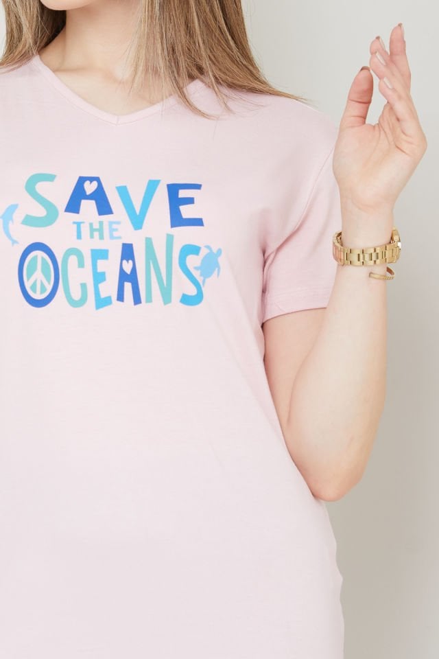 Kadın Save the Oceans Baskılı V Yaka T-shirt XL - Pembe