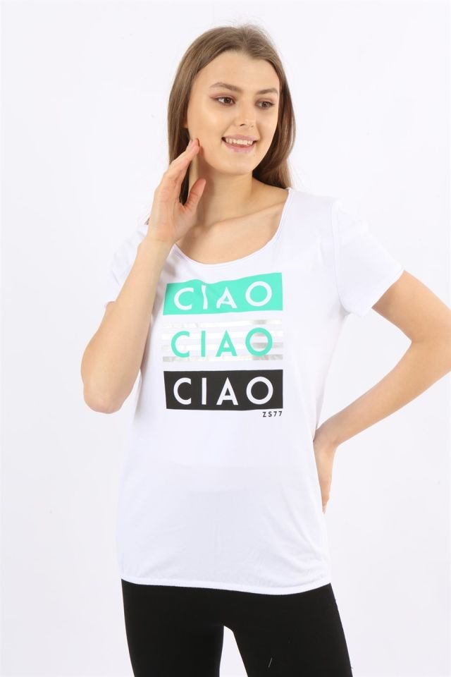 Baskılı Kısa Kollu T-shirt XL - Beyaz - Yeşil