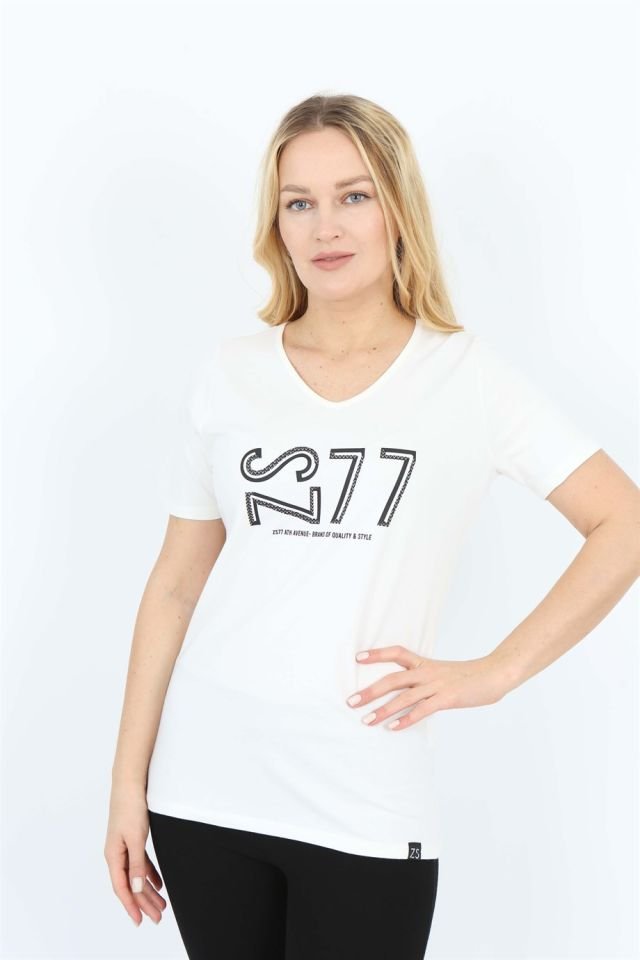 Vizon Kısa Kollu Baskılı V Yaka T-shirt Beyaz - S