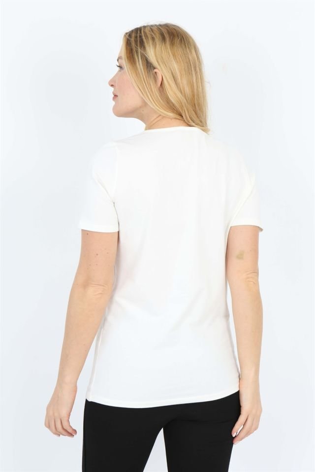 Vizon Kısa Kollu Baskılı V Yaka T-shirt Beyaz - S