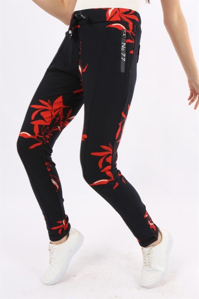 Çiçek Desenli Önden Çizgi Dikişli Cepli Spor Pantolon XXL - Lacivert - Kırmızı