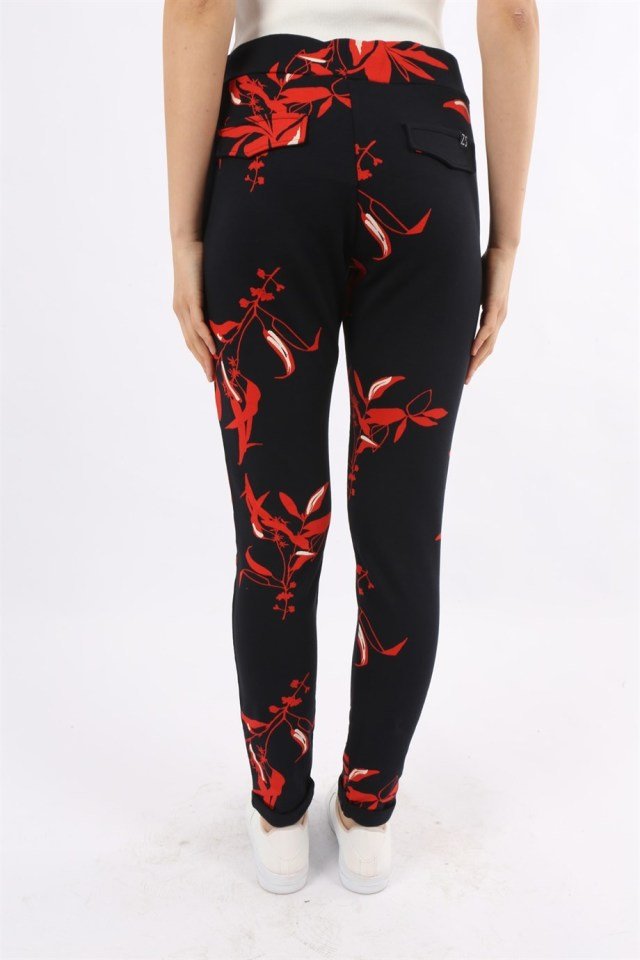 Çiçek Desenli Önden Çizgi Dikişli Cepli Spor Pantolon XXL - Lacivert - Kırmızı