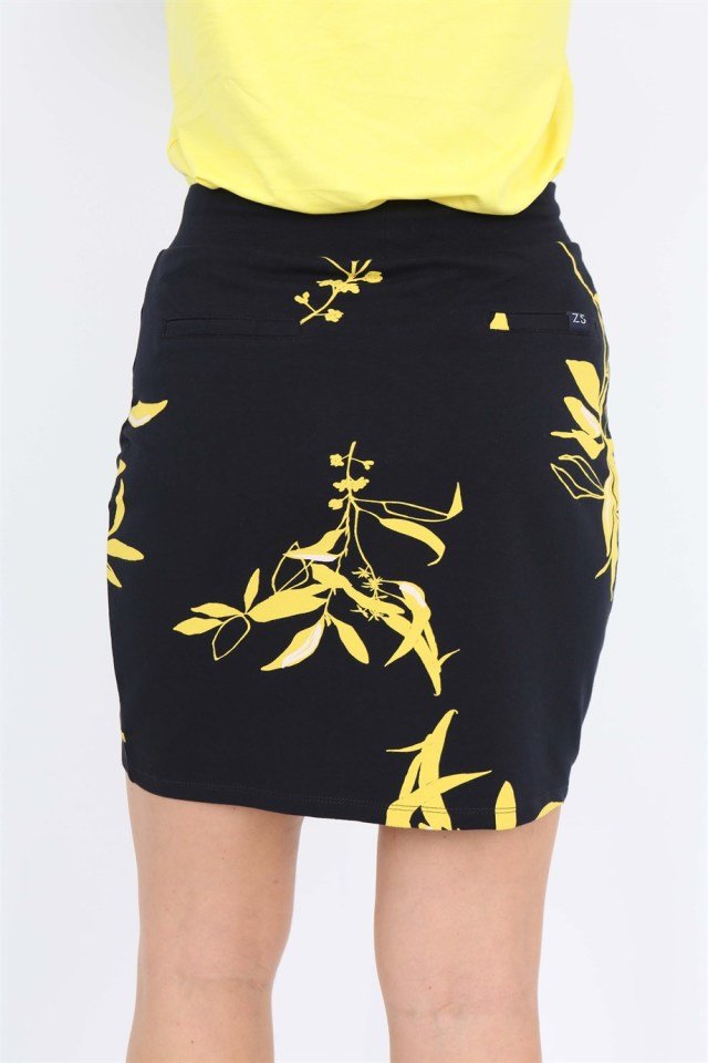 Çiçek Desenli Fermuar Detaylı Mini Etek Siyah Sarı - XL