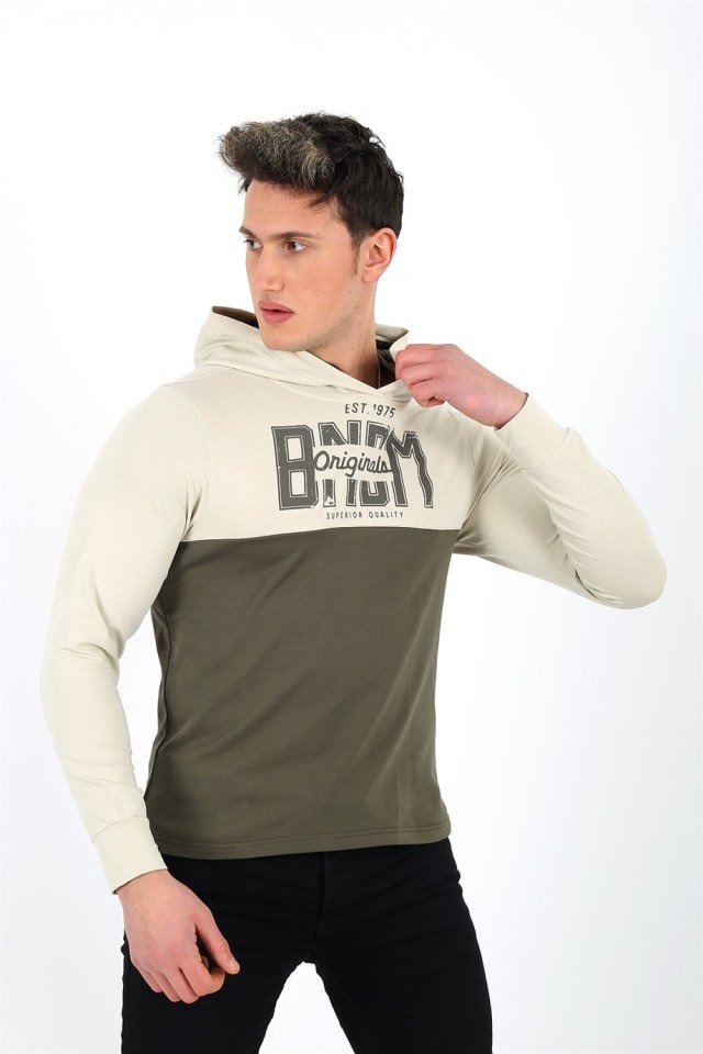 Çift Renk Kapüşonlu Uzun Kollu Sweatshirt Zeytin Yeşili - Bej - L