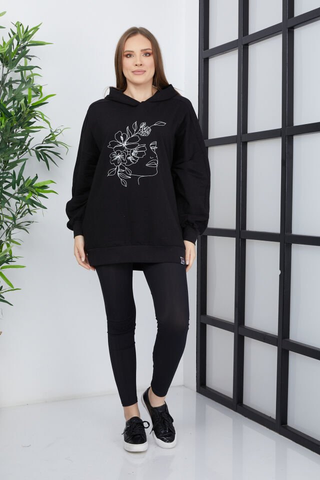 Kadın Line Art Baskılı Oversize Sweatshirt