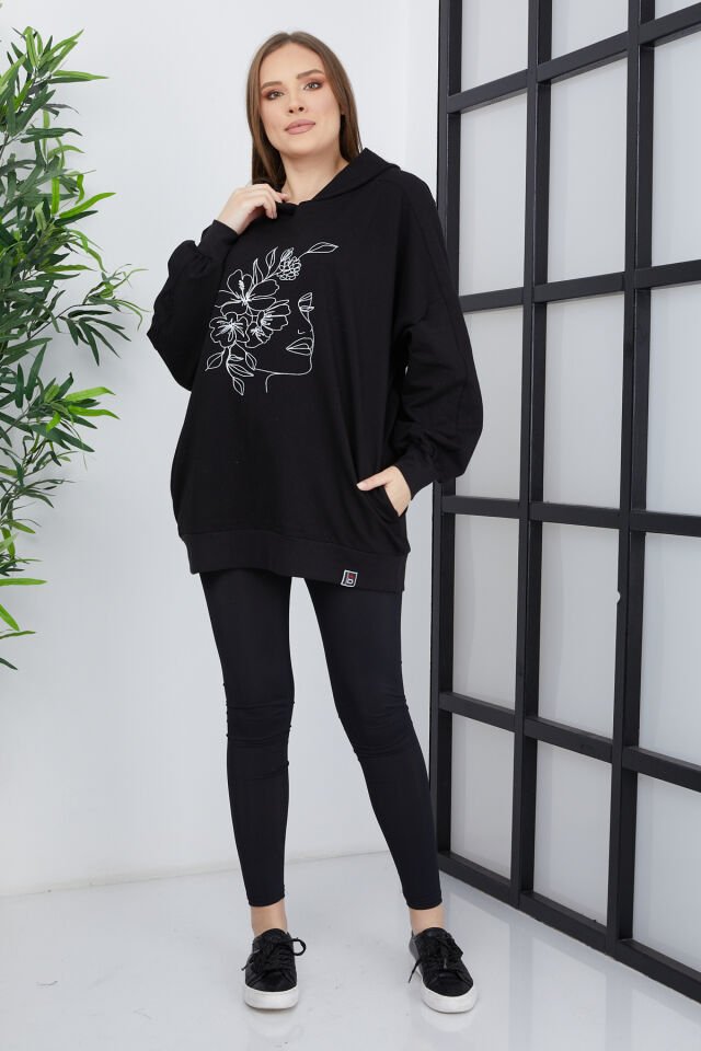 Kadın Line Art Baskılı Oversize Sweatshirt