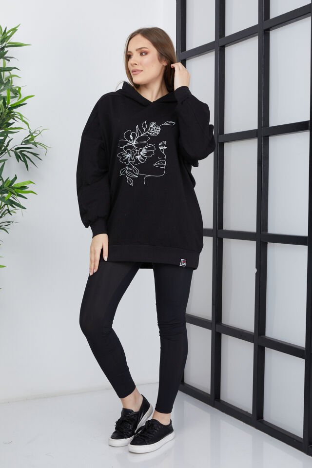 Kadın Line Art Baskılı Oversize Sweatshirt