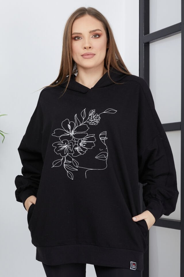 Kadın Line Art Baskılı Oversize Sweatshirt