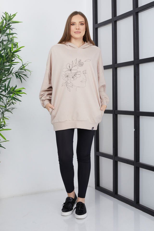 Kadın Line Art Baskılı Oversize Sweatshirt Oversize - Somon