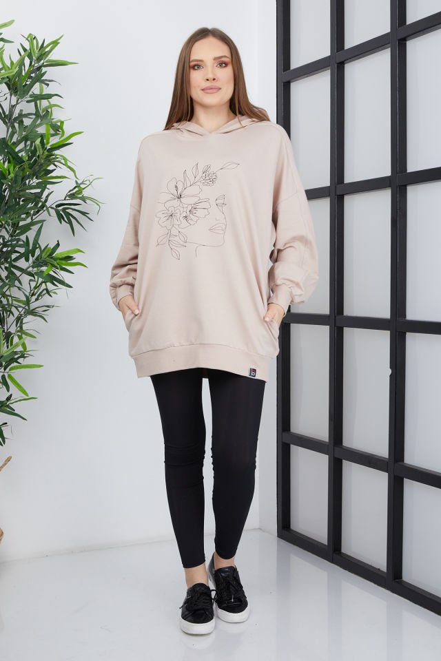 Kadın Line Art Baskılı Oversize Sweatshirt Oversize - Somon