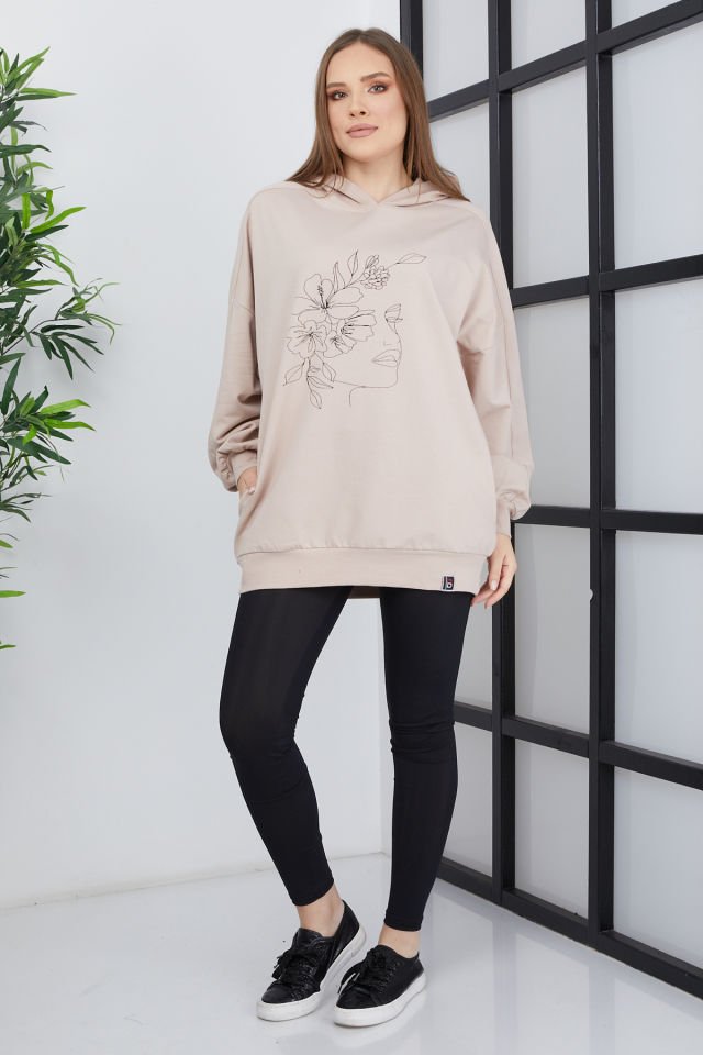 Kadın Line Art Baskılı Oversize Sweatshirt Oversize - Somon