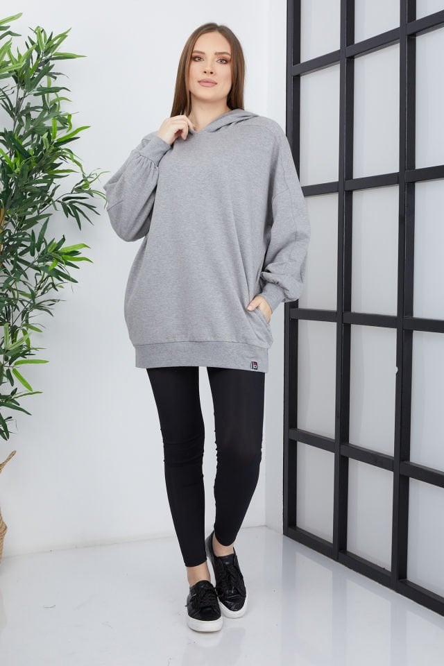 Kadın Line Art Sırt Baskılı Oversize Sweatshirt Oversize - Gri