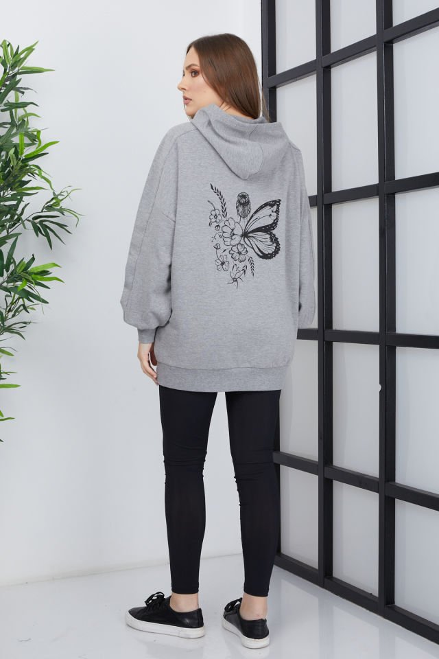 Kadın Line Art Sırt Baskılı Oversize Sweatshirt Oversize - Gri