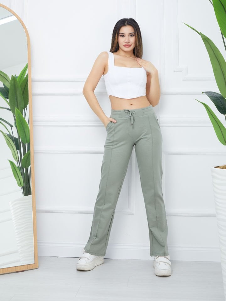 Kadın Sıvama Kumaş Önden Dikişli Geniş Paça Pantolon Yeşil - XXL