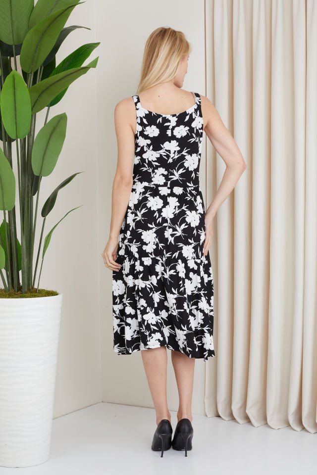Kadın Çiçek Desenli Elbise Siyah-Beyaz - XXL