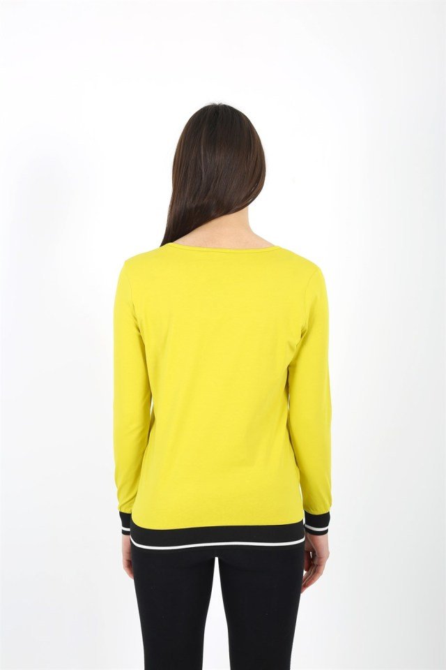 Baskılı Ribanalı Uzun Kollu Basic Kadın Bluz XL - Sarı