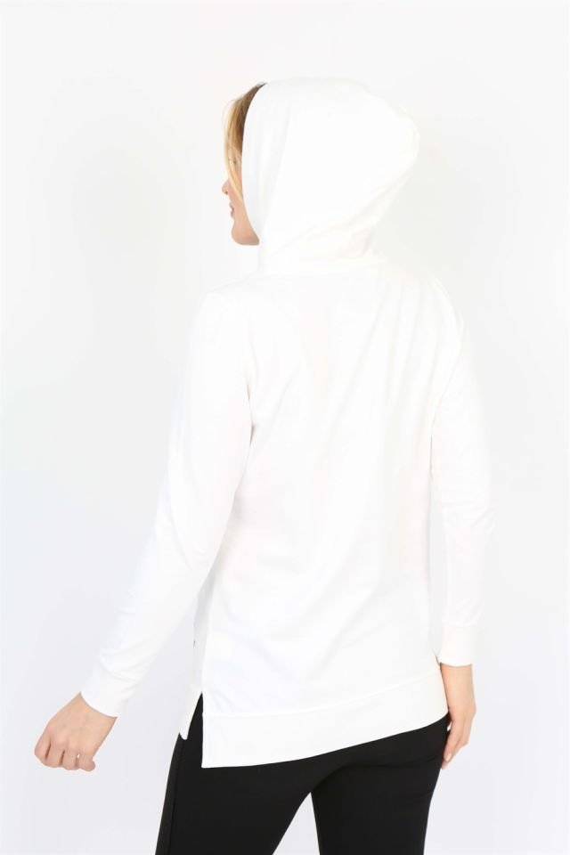 Kapüşonlu Uzun Kollu Yan Yırtmaçlı Sweatshirt XL - Beyaz