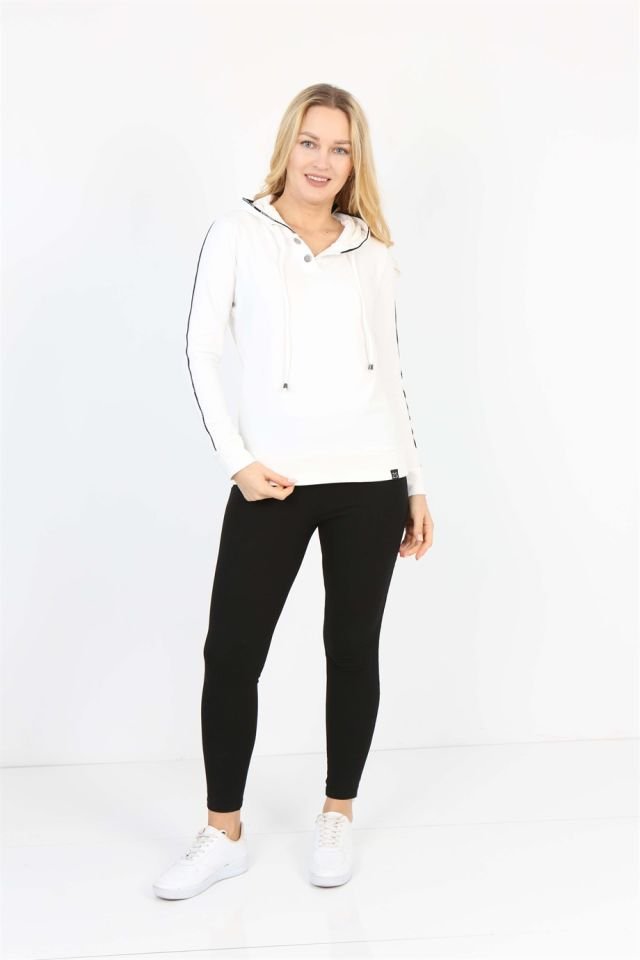 Kapüşonlu Çıtçıt Detaylı Uzun Kollu Sweatshirt XL - Beyaz
