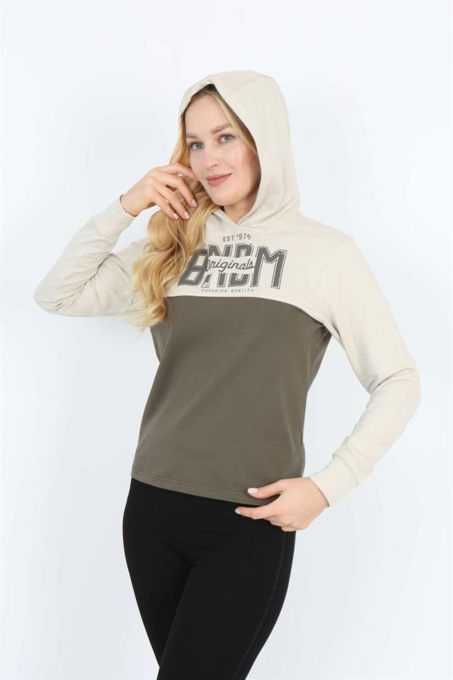 Çift Renk Kapüşonlu Uzun Kollu Sweatshirt M - Zeytin Yeşili - Bej