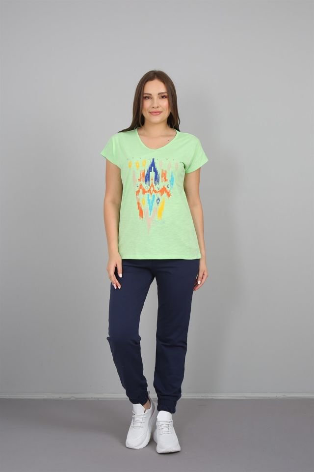 V Yaka Baskılı T-shirt XL - Fıstık Yeşili