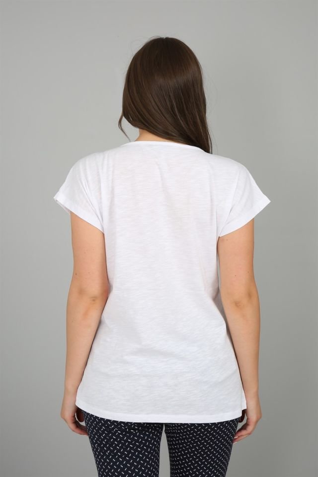 Yuvarlak Yaka Baskılı T-shirt Kırık Beyaz - L