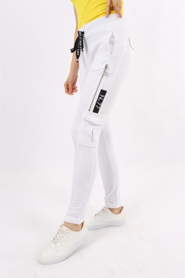 Fermuar Detaylı Cepli Spor Pantolon Beyaz - XS