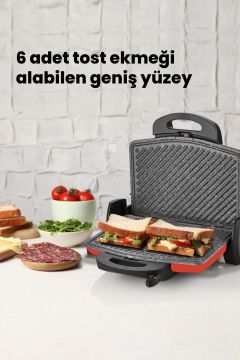 Gurmex Parlak Kırmızı 1750 Watt Granit 5 Kademe Isı Ayarlı Tost Ve Izgara Makinesi