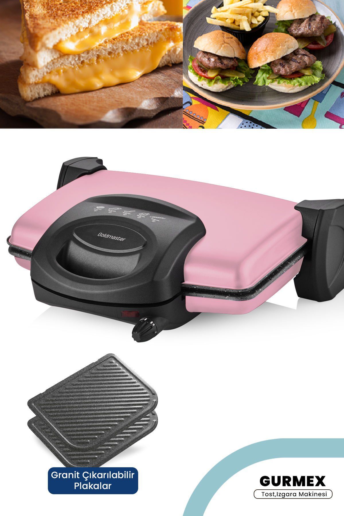 Gurmex Sedef Pembe 1750 Watt Granit 5 Kademe Isı Ayarlı Tost Ve Izgara Makinesi