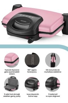 Gurmex Sedef Pembe 1750 Watt Granit 5 Kademe Isı Ayarlı Tost Ve Izgara Makinesi