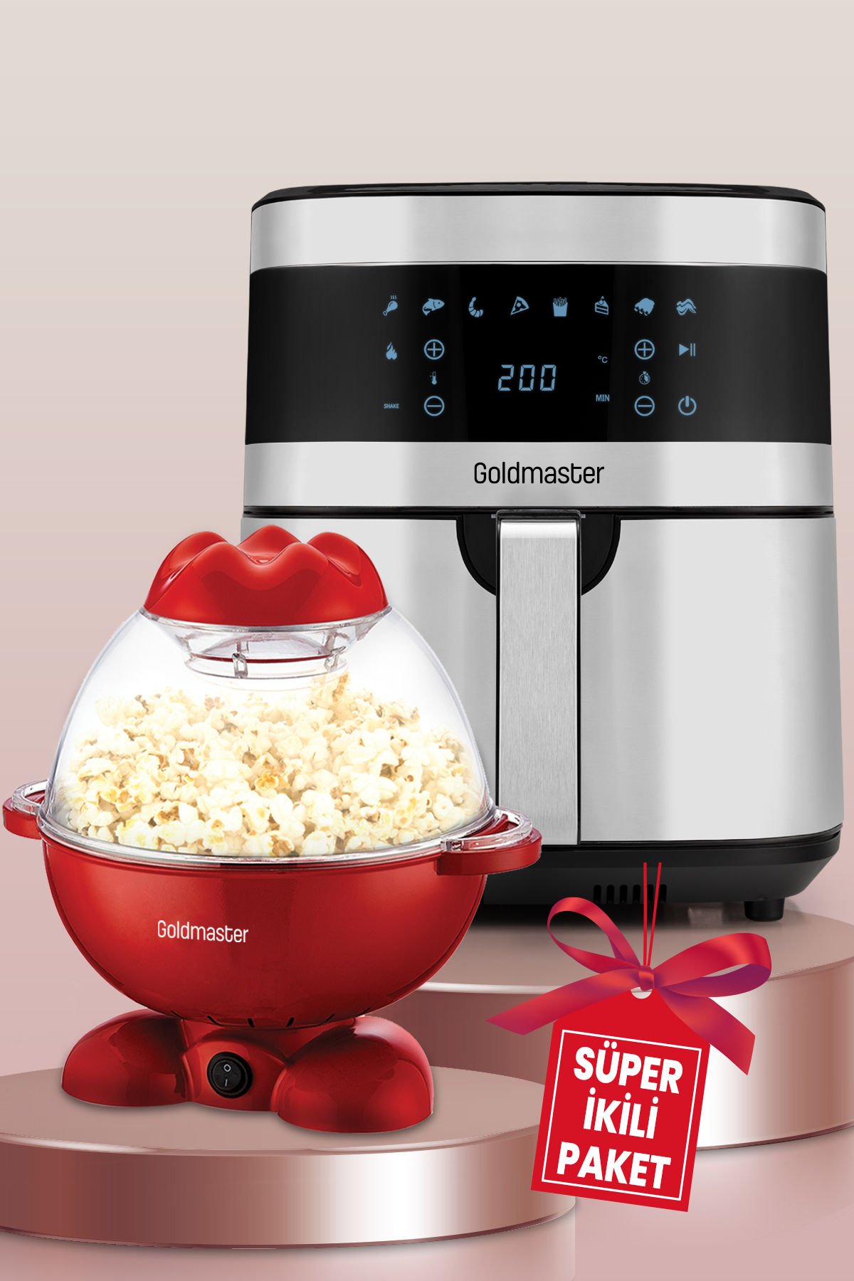 Avantajlı İkili Set 7 Litre İnox XXL Airfryer Sıcak Hava Fritöz Mısır Patlatma Pop Corn Makinesi