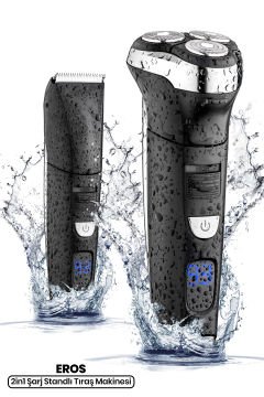 Eros Dijital Ekranlı Oynar Başlık Islak Kuru Şarj Standlı Saç Sakal Erkek Bakım Seti Tıraş Makinesi