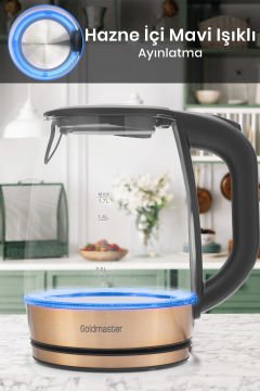 Honey Rose Gold Paslanmaz Çelik 2200 Watt 1.7 Litre Işıklı Cam Kettle Su Isıtıcı