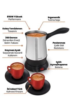 Hoş Sohbet Paslanmaz Çelik Porselen 2’li Kahve Fincanı Hediyeli Elektrikli Cezve Kahve Seti Inox