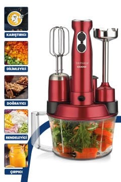 Elenamax Vişne Kırmızı 1000 Watt Hız Ayarlı %100 Bakır Motor 5 In 1 Mutfak Robotu Multi Blender Seti