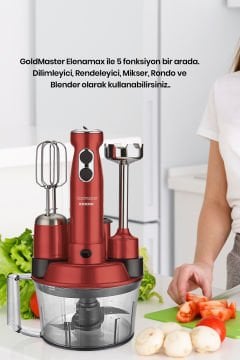 Elenamax Vişne Kırmızı 1000 Watt Hız Ayarlı %100 Bakır Motor 5 In 1 Mutfak Robotu Multi Blender Seti