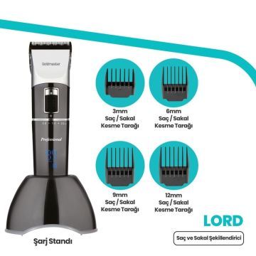 Lord Şarj Standlı Dijital Ekran Taşıma Çantalı Saç Ve Sakal Şekillendirici Kesme Makinesi