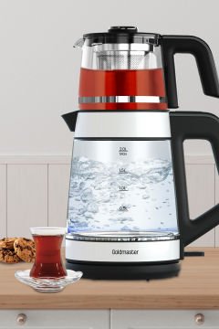 Beyaz Demlikli Alman Schott Cam Çay Makinesi Ve Led Işıklı Su Isıtıcı Çelik Türk Kahve Makinesi