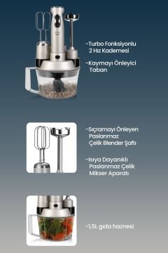 Elenamax Silver 1000 Watt Hız Ayarlı %100 Bakır Motor 5 In 1 Mutfak Robotu Multi Blender Seti