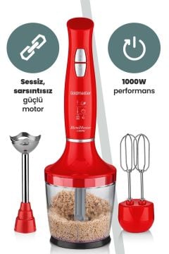 Yasemin 1000 Watt Sessiz Hız Ayarlı 3 In 1 Doğrama Karıştırma Blender Seti Kırmızı