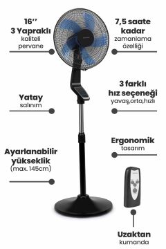 Serin Led Ekranlı 16 Inch Salınımlı Zaman Ve Hız Ayarlı Uzaktan Kumandalı Ayaklı Vantilatör