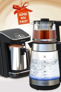 İnox Alman Schott Cam Çay Makinesi ve Led Işıklı Su Isıtıcısı İnox Çelik Türk Kahve Makinesi