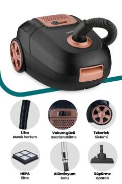 Zen 4 Litre Kapasiteli Yıkanabilir Toz Torbalı Hız Ayarlı Elektrikli Süpürge Siyah Gold