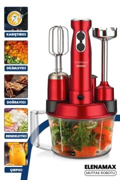 Elenamax Kırmızı 1000 Watt Hız Ayarlı %100 Bakır Motor 5 In 1 Mutfak Robotu Multi Blender Seti