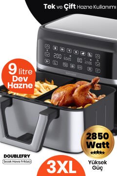 Doublefry 2850w 9 Litre 3xl Dev Tek Ve Çift Hazneli Dokunmatik Airfryer Yağsız Sıcak Hava Fritözü