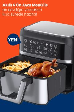 Doublefry 2850w 9 Litre 3xl Dev Tek Ve Çift Hazneli Dokunmatik Airfryer Yağsız Sıcak Hava Fritözü