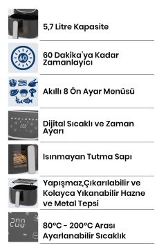 Gustofry 1700w Xl Dokunmatik 8 Ön Ayarlı Cam Kapaklı Hazne Aydınlatmalı Airfryer Sıcak Hava Fritözü